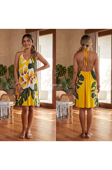 Hand Painted Rayon Halter Mini Dress